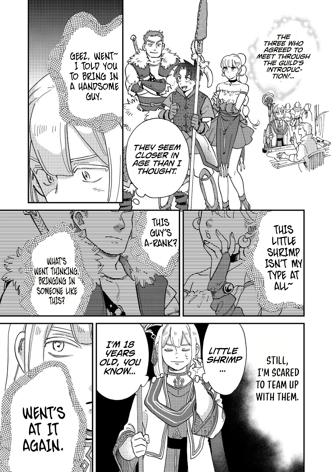 The Buff Cuisine Diner, A Roaring Success ~ "Old Men Are a Nuisance!" The Banished Enchanter Opens a Country Diner Using His Special Skills and Becomes a Hero's Go Chapter to Spot ~ "There are people who appreciate Bro's talents. Isn't it great that such a place exists!" - Chapter 04.2 Page 1