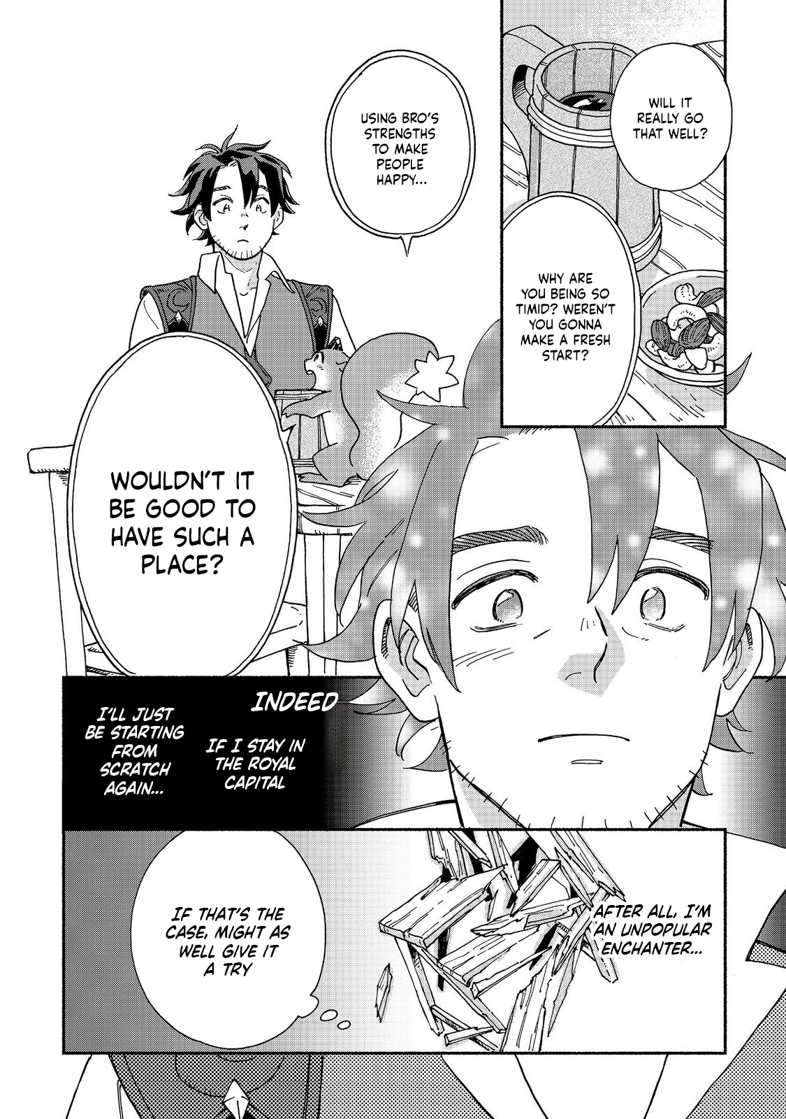 The Buff Cuisine Diner, A Roaring Success ~ "Old Men Are a Nuisance!" The Banished Enchanter Opens a Country Diner Using His Special Skills and Becomes a Hero's Go Chapter to Spot ~ "There are people who appreciate Bro's talents. Isn't it great that such a place exists!" - Chapter 01.1 Page 1