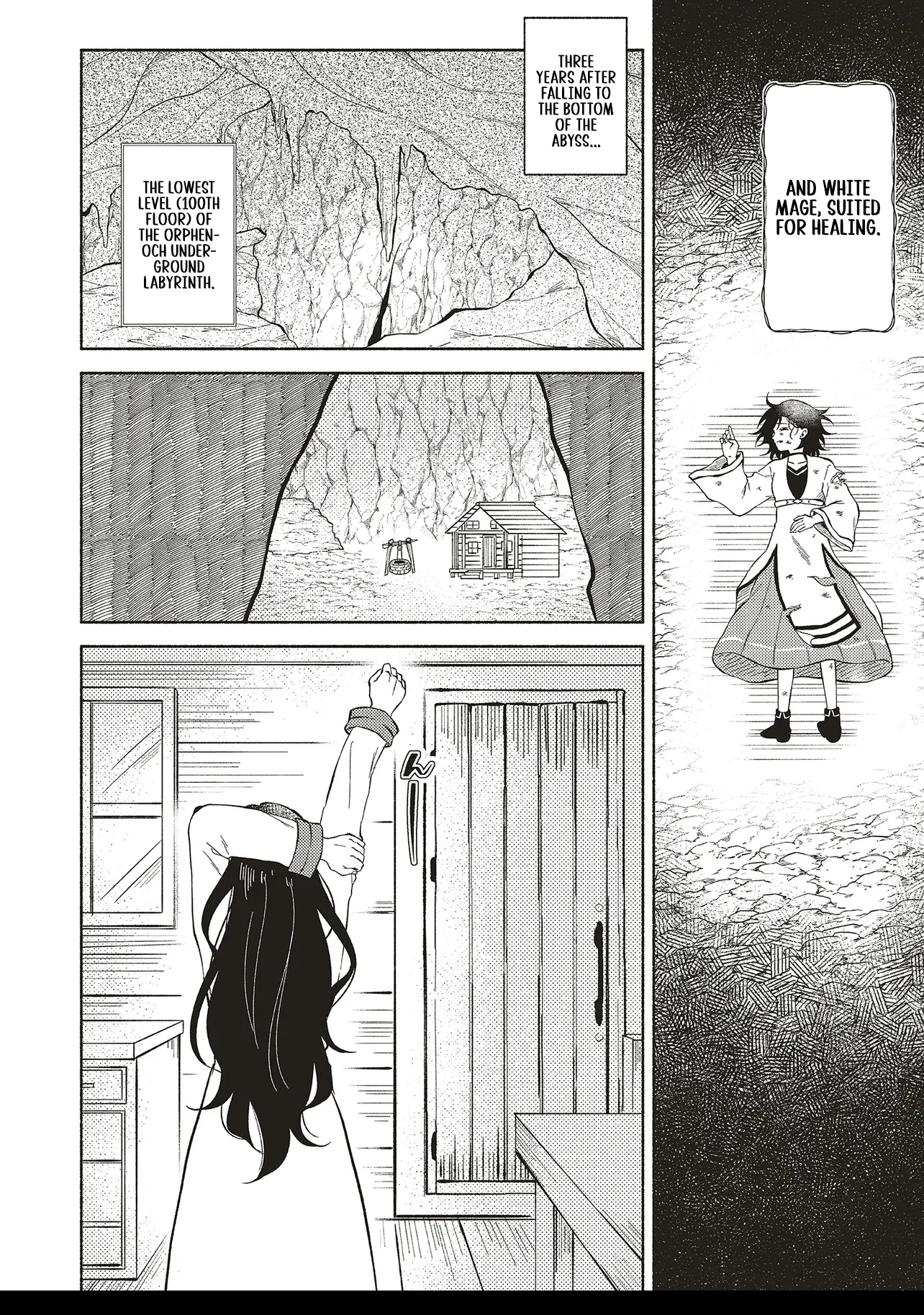 Three years had passed since I began living at the bottom of the abyss. In that time, I had evolved from a "White Mage" to a "Holy Witch". Chapter 02.1 Page 1