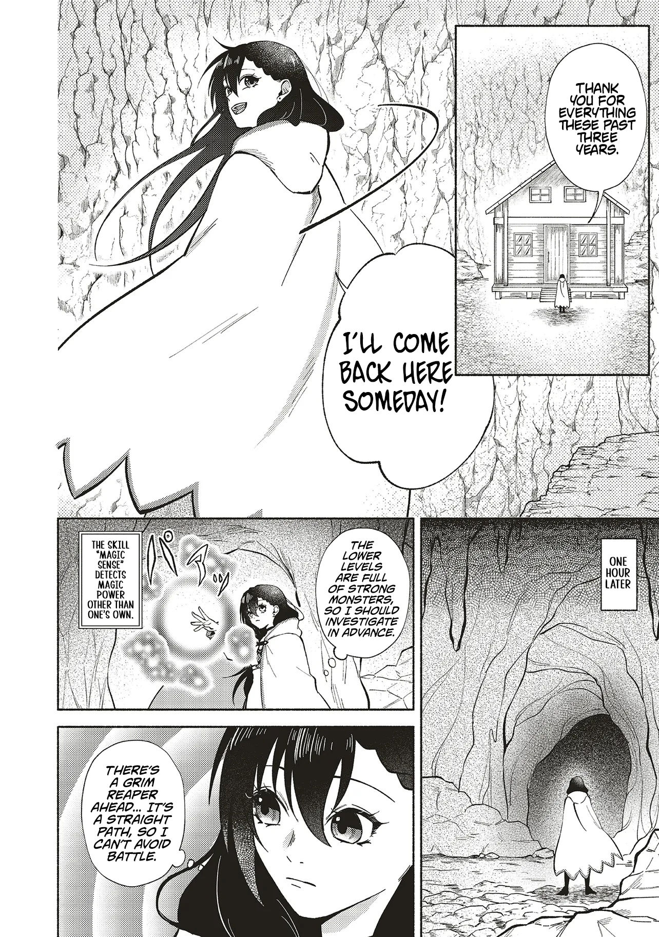 Three years had passed since I began living at the bottom of the abyss. In that time, I had evolved from a "White Mage" to a "Holy Witch". Chapter 02.1 Page 1